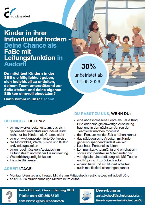 FaBe Kind Teilzeitjob als Leitung Mittagstisch, 30%